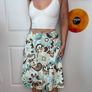 Vintage Y2K 2000s Zinc Brown & Blue Floral Midi Skirt Sz 7